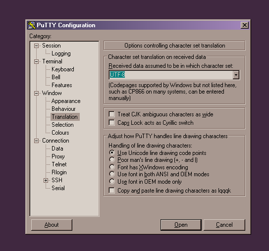 Menu s výběrem znakové sady